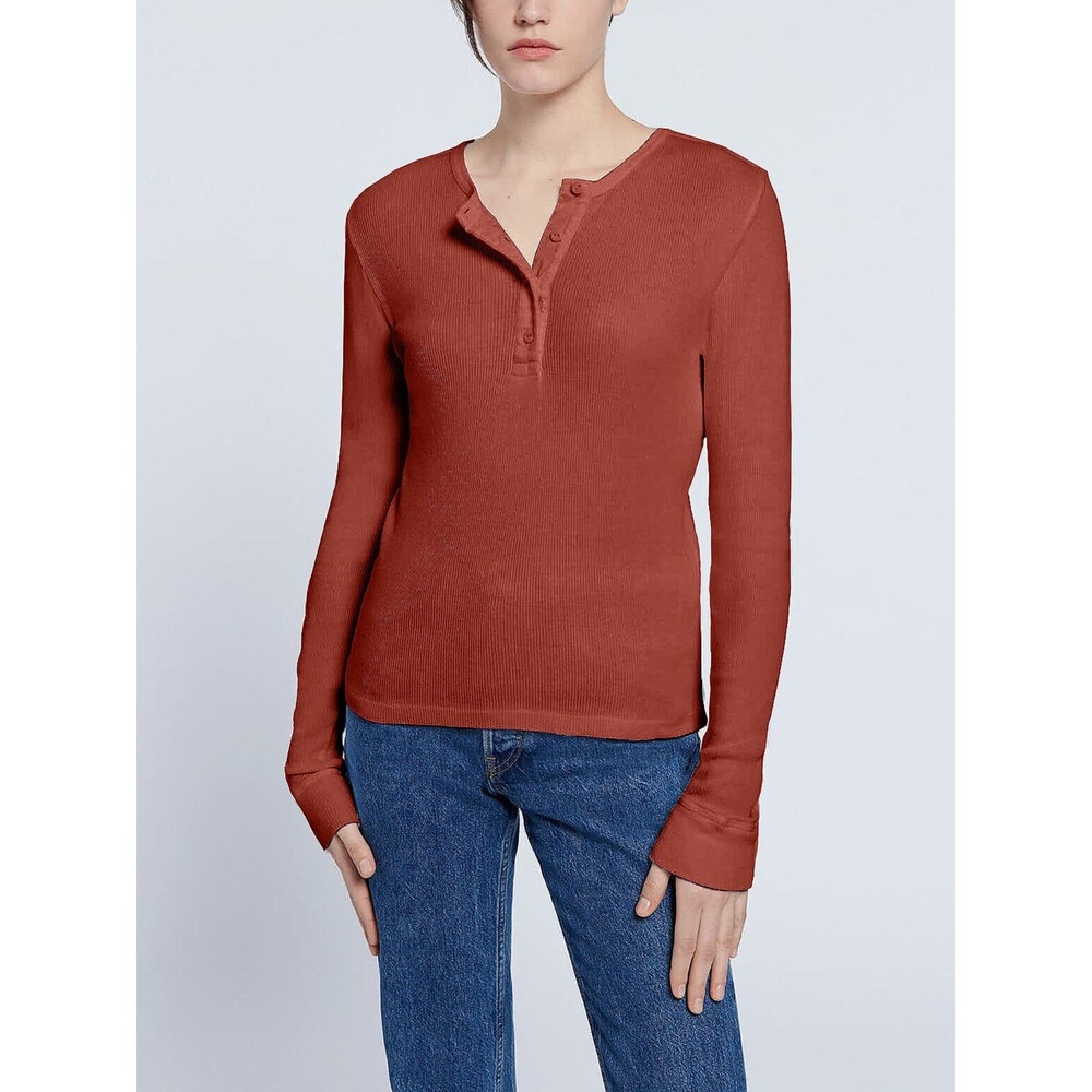 RE/DONE x Hanes Women's Size Small Red Thermal Henley Waffle Long Sleeve Shirt